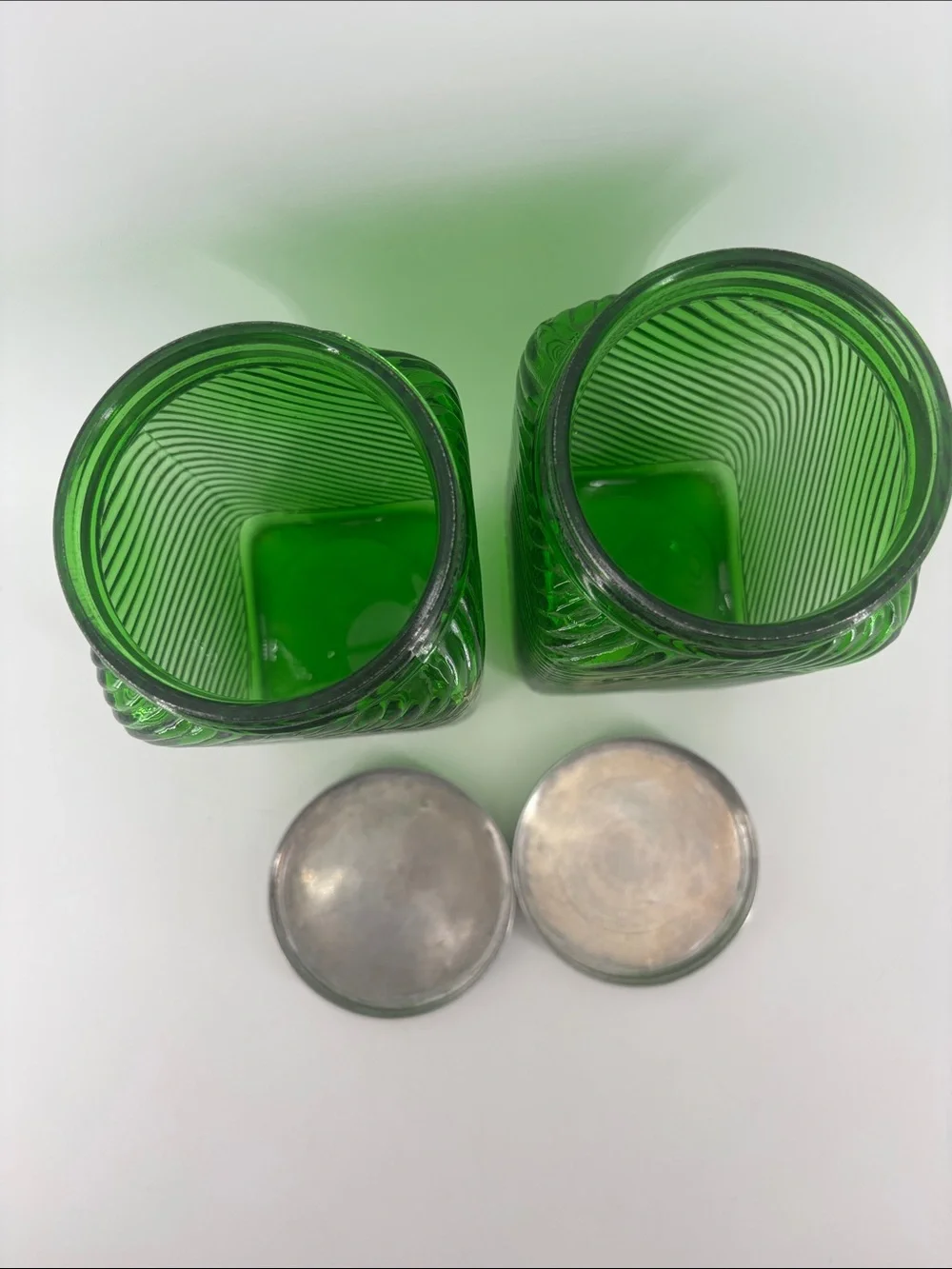 Vintage 1930s emerald green depression glass Hoosier canisters pair
